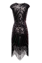 Black Gatsby Glitter Cape Sleeves Fringe 1920s Dress